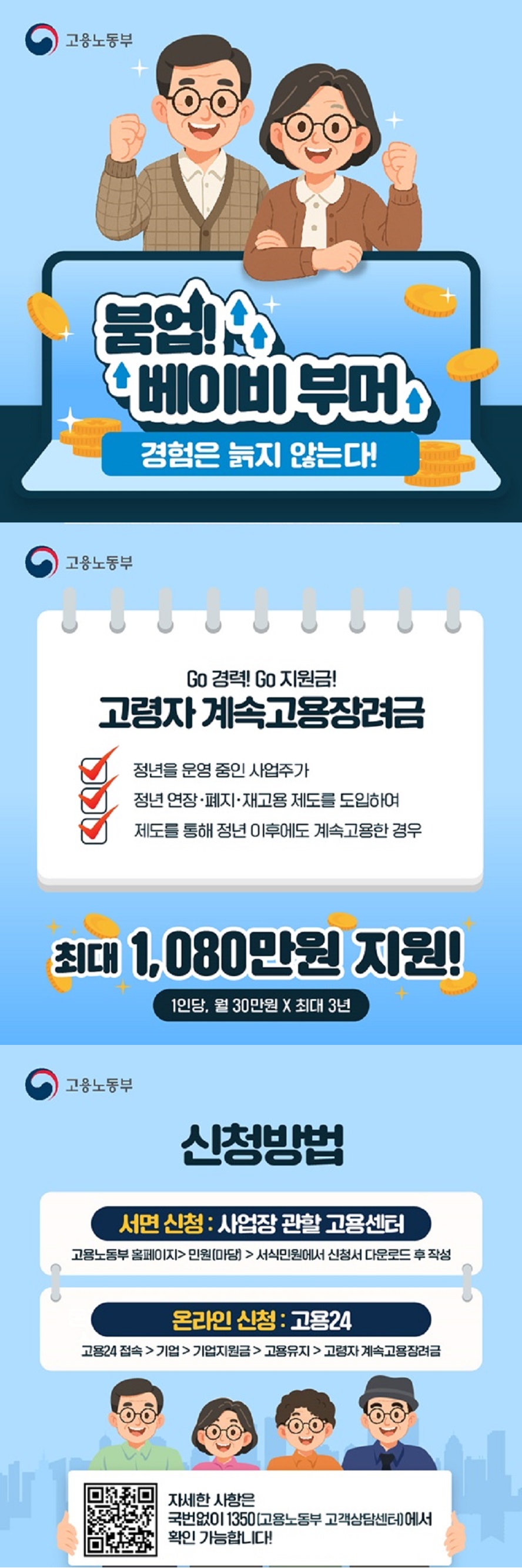 붐업! 베이비 부머 경험은 늙지 않는다! 고용노동부 GO 경력! GO 지원금! ■ 고령자 계속고용장려금 · 정년을 운영 중인 사업주가 · 정년 연장·폐지·재고용 제도를 도입하여 · 제도를 통해 정년 이후에도 계속고용한 경우 → 최대 1080만 원 지원! (1인당, 월 30만 원 X 최대 3년) ■ 신청방법 · 서면 신청: 사업장 관할 고용센터 고용노동부 홈페이지 > 민원(마당) > 서식민원에서 신청서 다운로드 후 작성 · 온라인 신청: 고용24 고용24 접속 > 기업 > 기업지원금 > 고용유지 > 고령자 계속고용장려금 자세한 사항은 국번없이 ☎1350(고용노동부 고객상담센터)에서 확인 가능합니다!